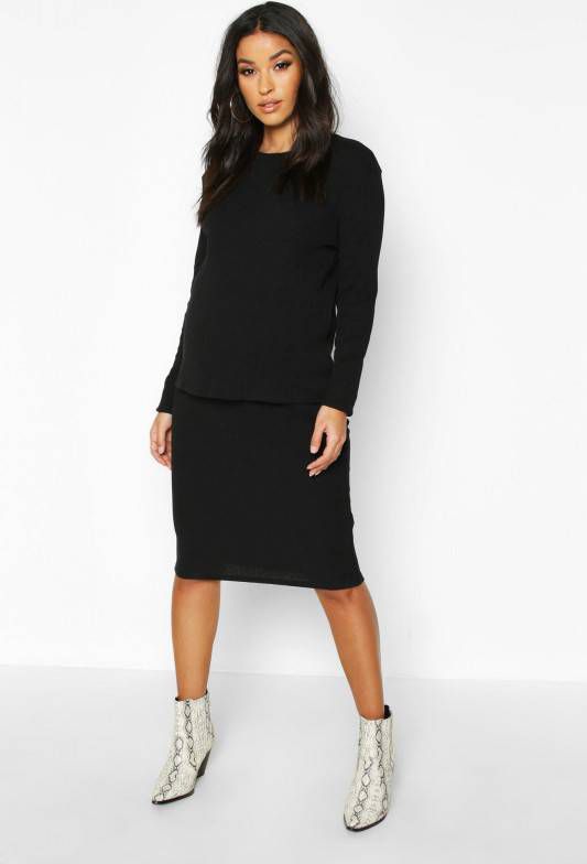 boohoo Zwangerschap Gebreide Geribbelde Set Met Midi Rok, Zwart