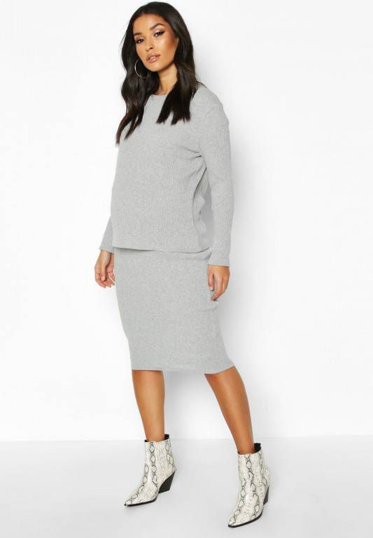 boohoo Zwangerschap Gebreide Geribbelde Set Met Midi Rok, Lichtgrijs