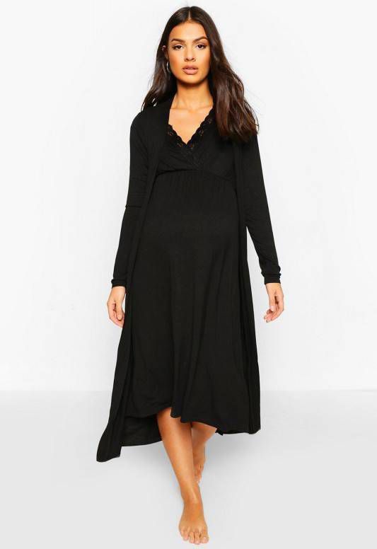 boohoo Zwangerschaps Borstvoeding Nachtjapon En Ochtendjas Set, Zwart