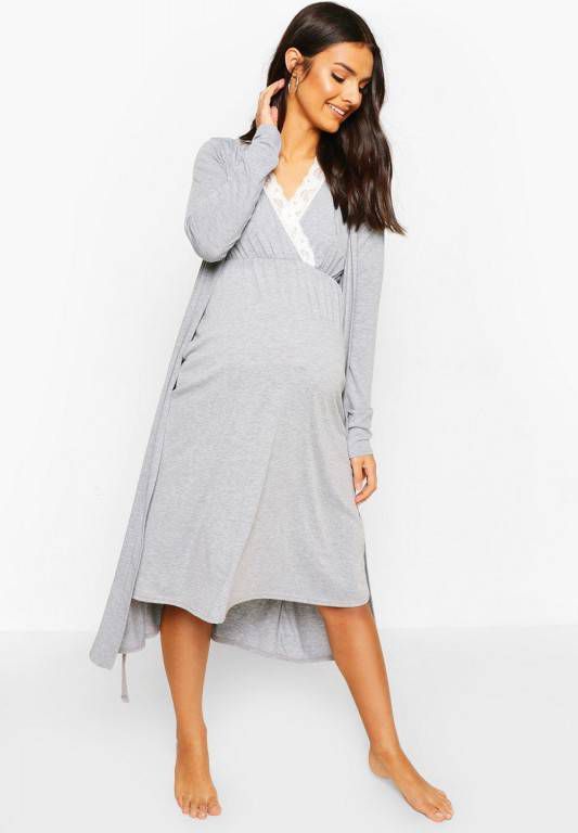 boohoo Zwangerschaps Borstvoeding Nachtjapon En Ochtendjas Set, Grijs Gemê, leerd