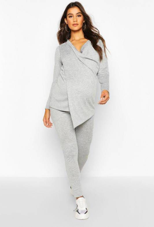 boohoo Zwangerschaps Borstvoeding Wikkel Lounge Set, Lichtgrijs