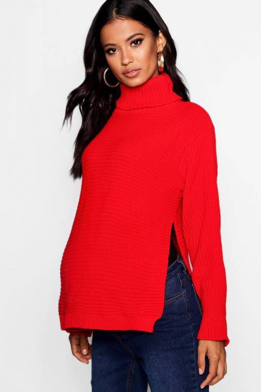 boohoo Zwangerschaps Trui Met Zijsplit En Rolhals, Rood