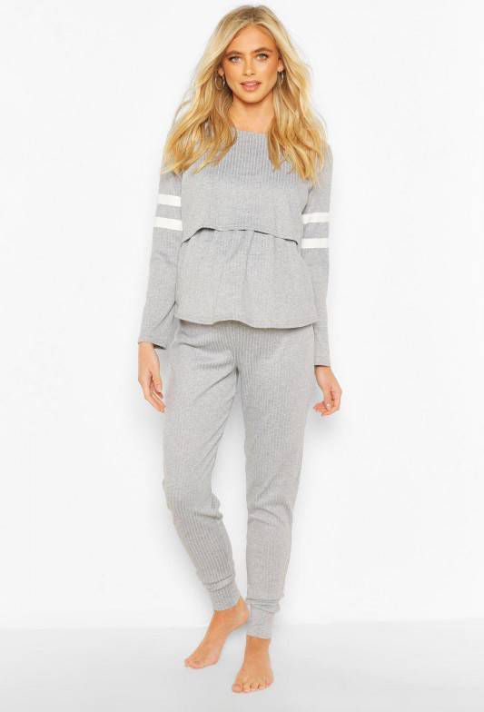 boohoo Zwangerschaps Gestreepte Borstvoeding Lounge Set, Grijs Gem&#xEA, leerd