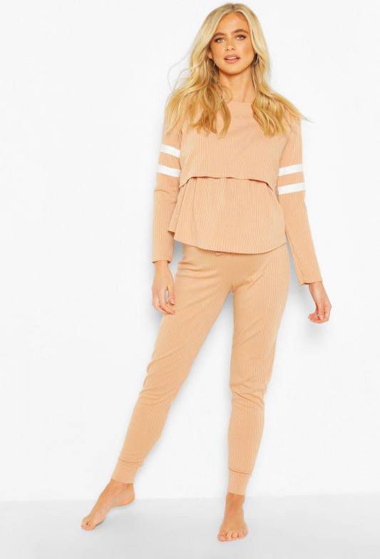 boohoo Zwangerschaps Gestreepte Borstvoeding Lounge Set, Steenrood