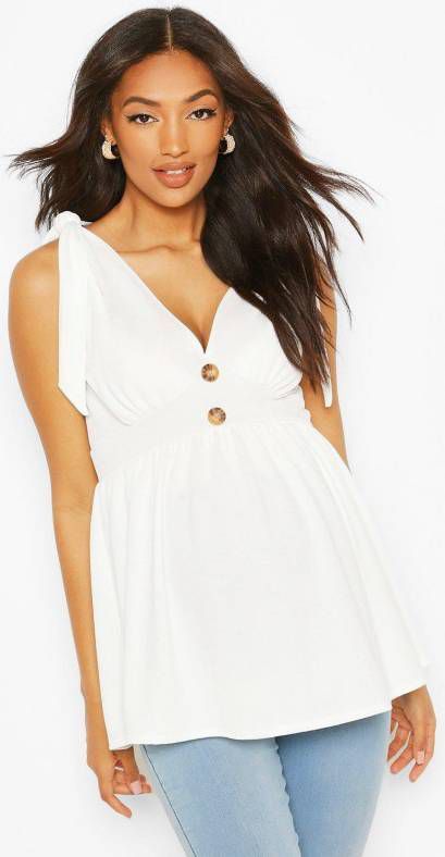 boohoo Zwangerschap Gesmokt Hemd Met Schouderstrikjes, Wit