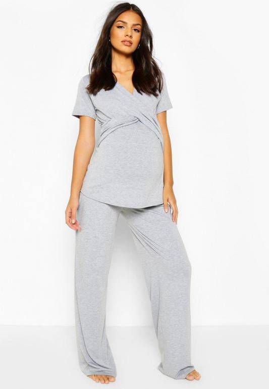 boohoo Zwangerschap Borstvoeding Wikkeltop En Broek Pyjama Set, Grijs