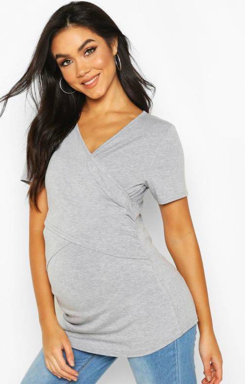 boohoo Zwangerschap Borstvoeding Wikkel T Shirt, Lichtgrijs