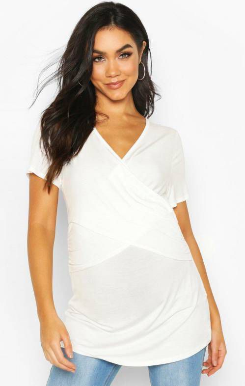 boohoo Zwangerschap Borstvoeding Wikkel T Shirt, Wit