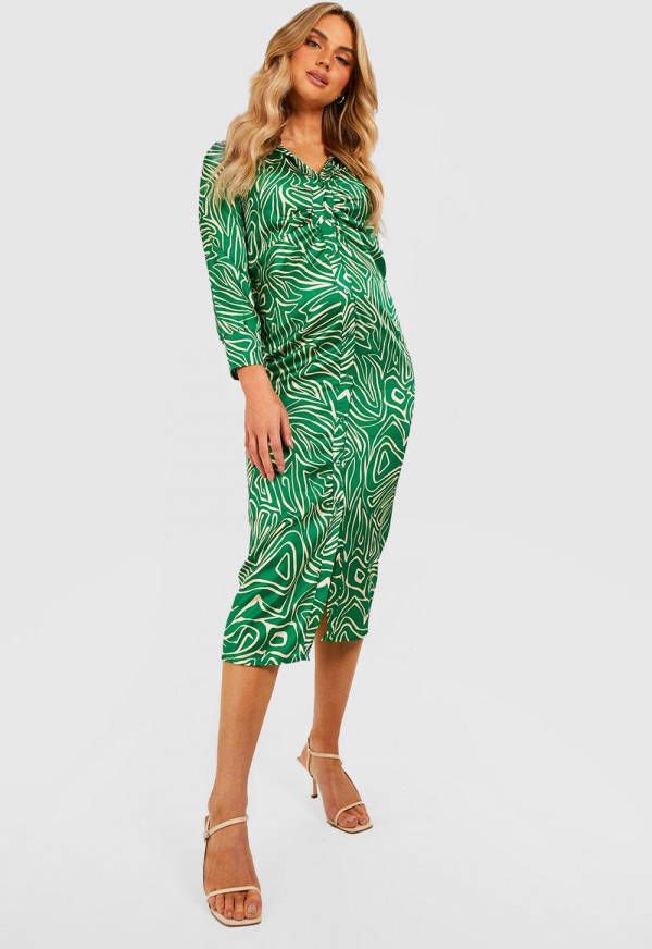boohoo Zwangerschap Abstract Geplooide Midi Blouse Jurk, Green