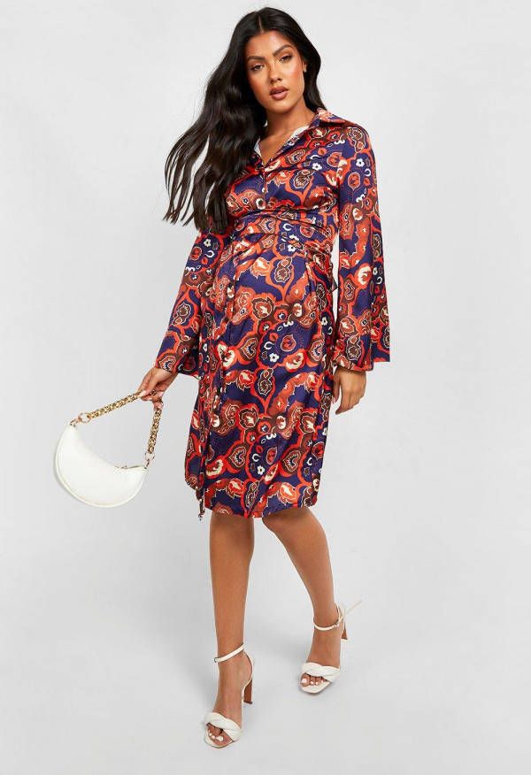 boohoo Zwangerschap Abstract Satijnen Midi Blouse Jurk Met Ceintuur, Navy