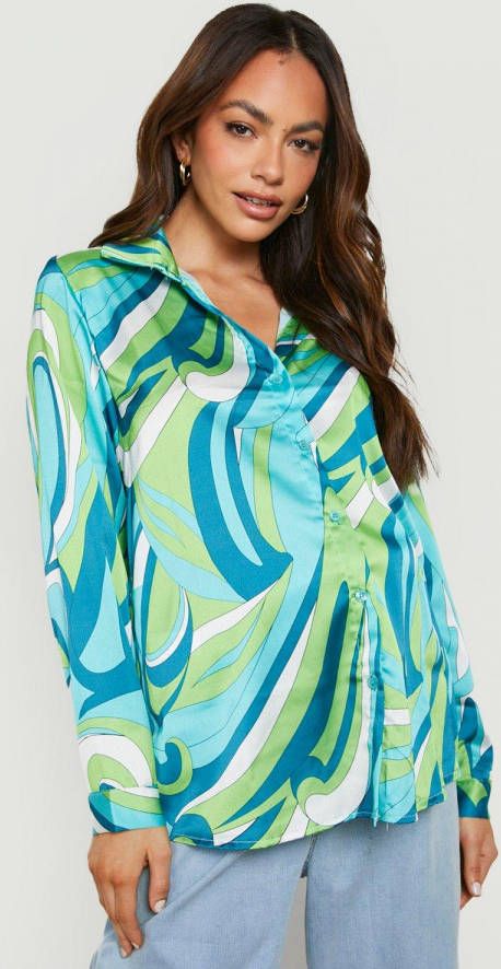 boohoo Zwangerschap Abstracte Oversized Satijnen Blouse, Blue