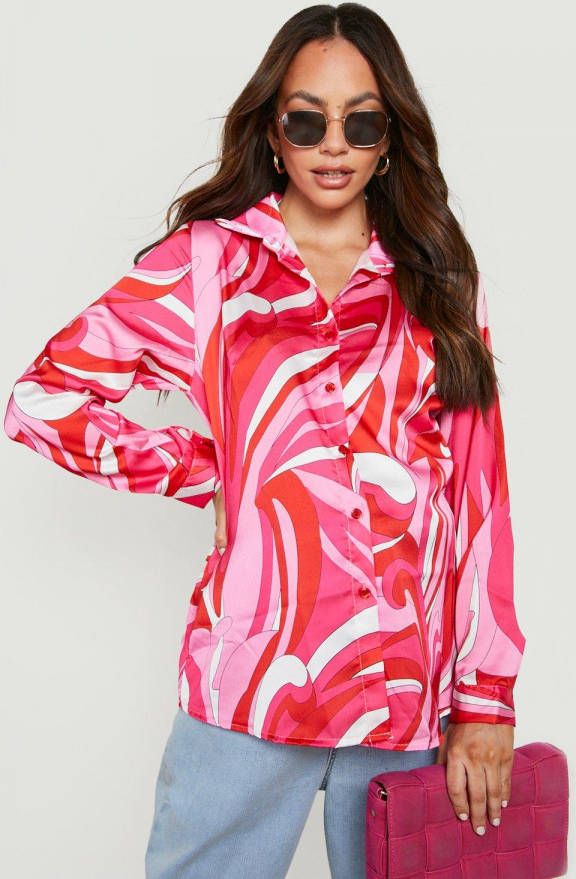 boohoo Zwangerschap Abstracte Oversized Satijnen Blouse, Pink