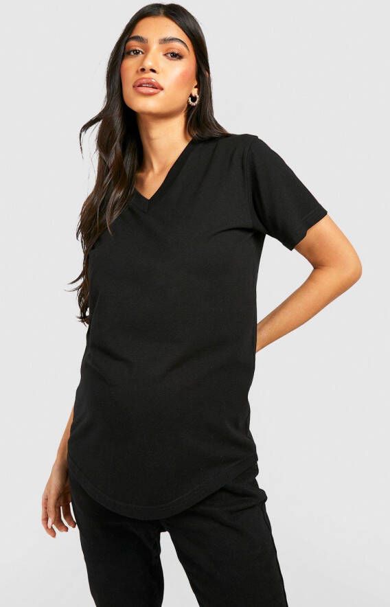 boohoo Zwangerschap Basic Katoenen T Shirt Met Diepe V Hals, Black