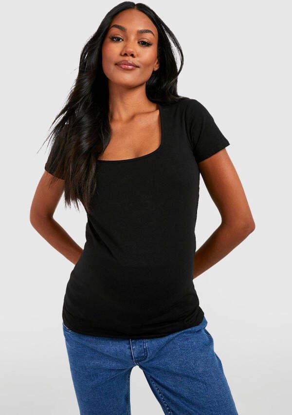 boohoo Zwangerschap Basic T Shirt Met Korte Mouwen En Vierkante Hals, Black