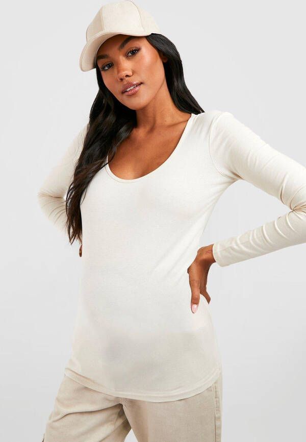 boohoo Zwangerschap Basic Top Met Lange Mouwen En Lage Ronde Hals, Stone