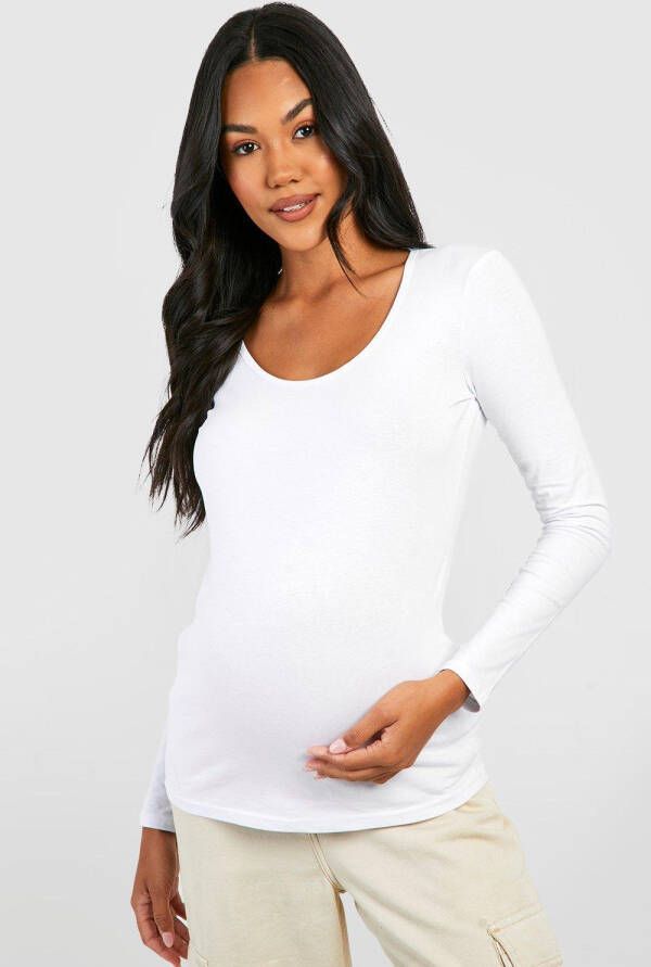 boohoo Zwangerschap Basic Top Met Lange Mouwen En Lage Ronde Hals, White