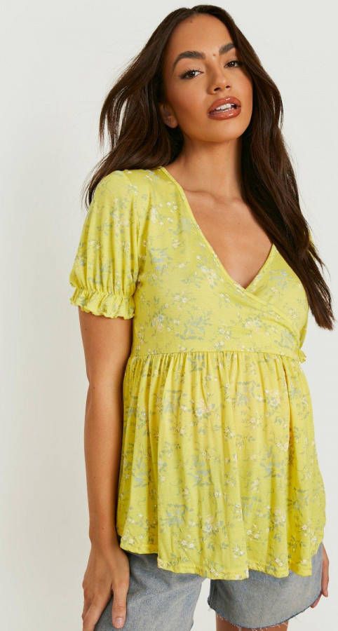 boohoo Zwangerschap Bloemen Wikkeltop Met Pofmouwen, Yellow