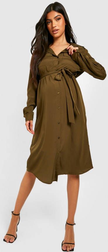 boohoo Zwangerschap Blouse Jurk Met Ceintuur, Khaki