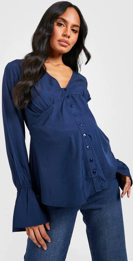 boohoo Zwangerschap Blouse Met Knopen En Wijde Mouwen, Navy