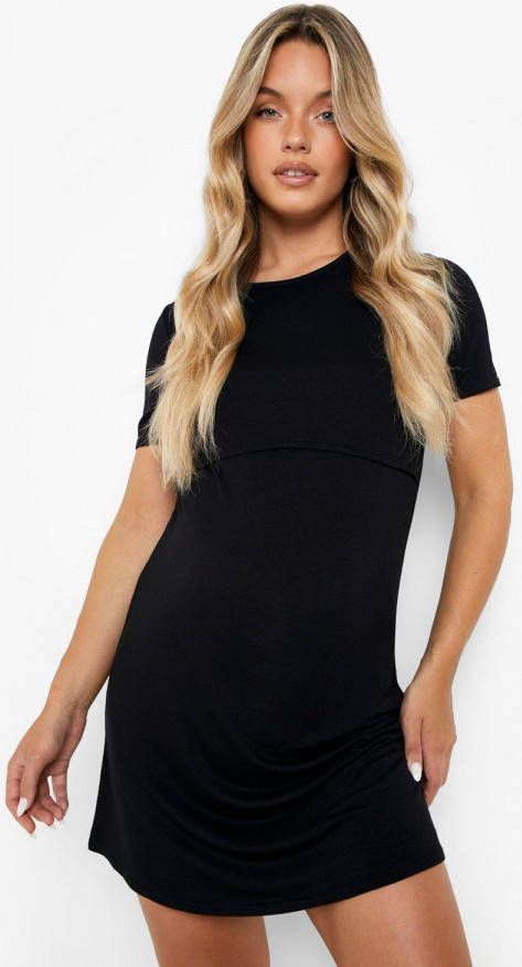 boohoo Zwangerschap Borstvoeding Nachtjapon Met Korte Mouwen, Black