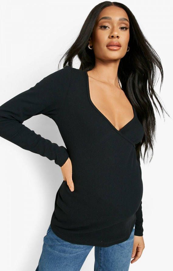 boohoo Zwangerschap Borstvoeding Wikkel T Shirt Met Lange Mouwen, Black