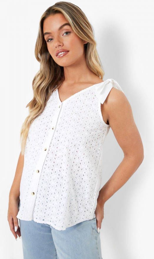 boohoo Zwangerschap Broderie Hemd Met Strik, White