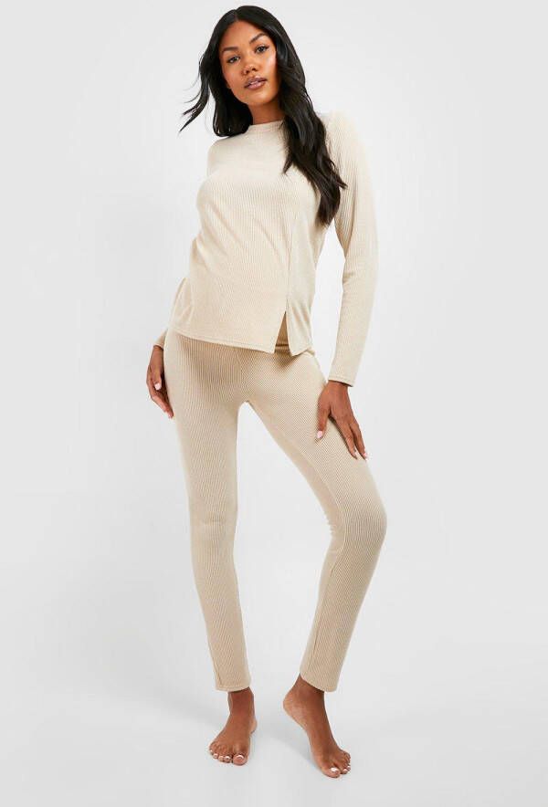 boohoo Zwangerschap Contrasterende Geribbelde Pyjama Set, Stone