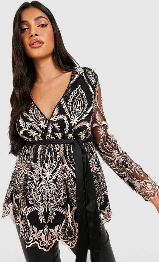 boohoo Zwangerschap Damast Glitter Peplum Top Met Pailletten, Black