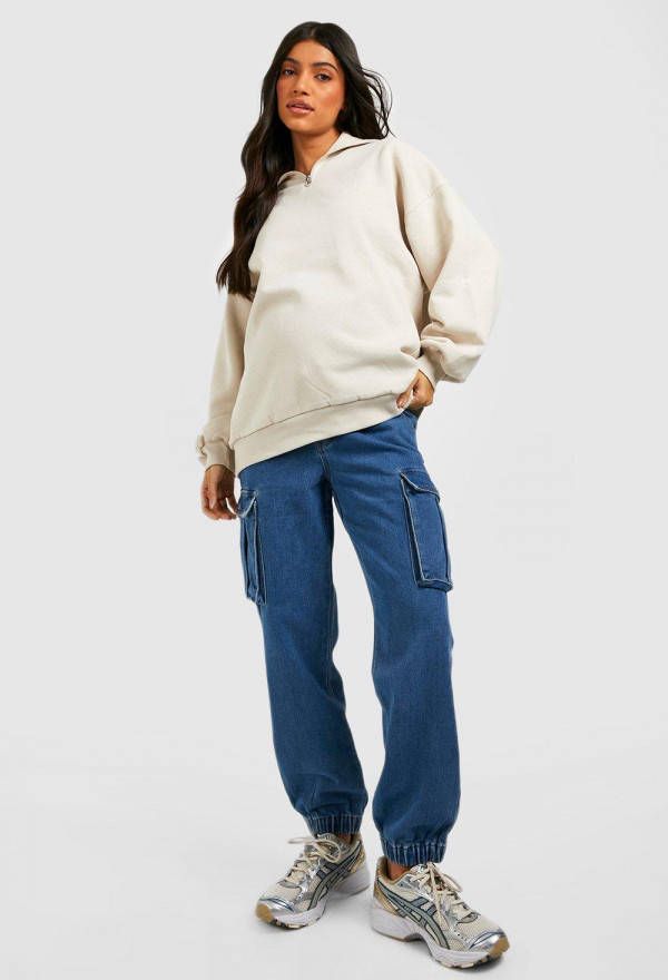 boohoo Zwangerschap Denim High Waist Cargo Joggingbroek, Mid Wash
