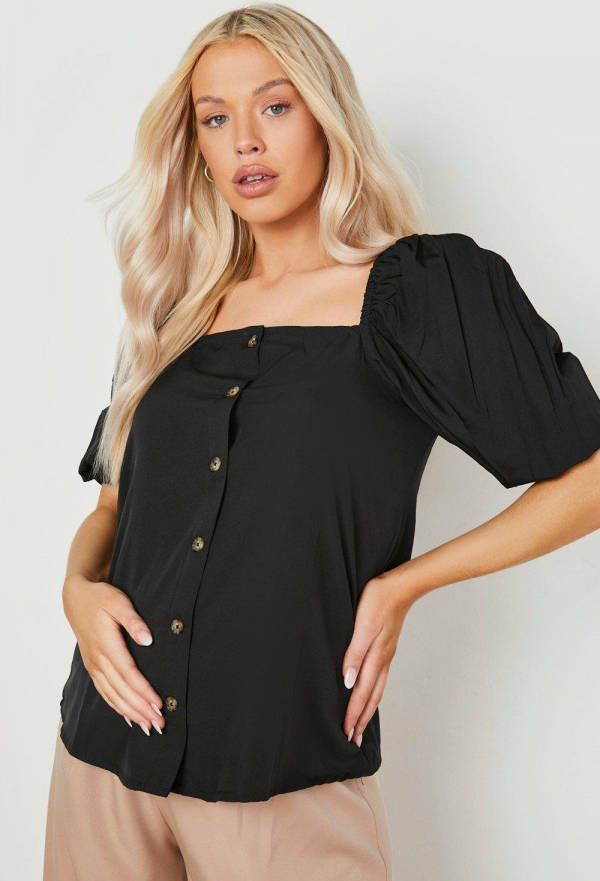 boohoo Zwangerschap Doorknoop Top Met Pofmouwen, Black