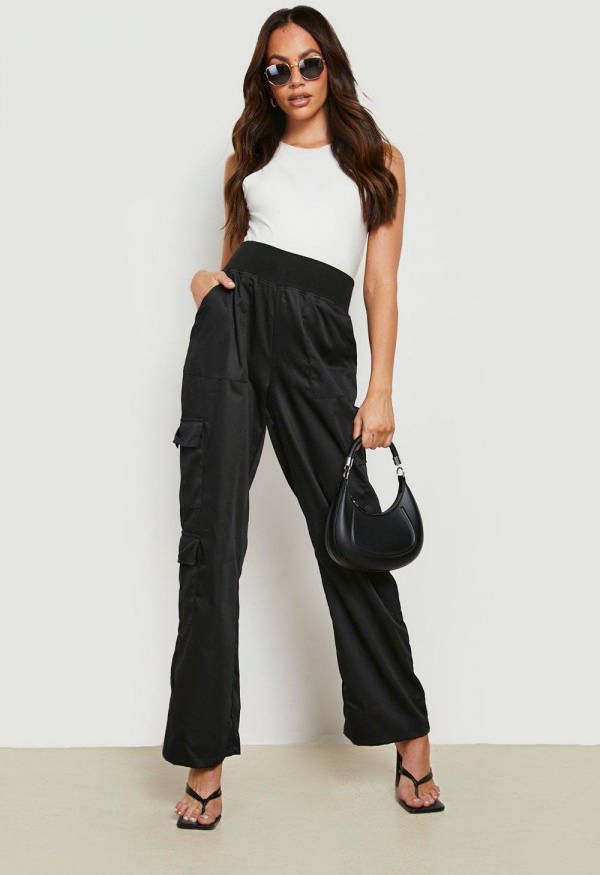 boohoo Zwangerschap Elastische Wide Leg Cargo Broek, Black