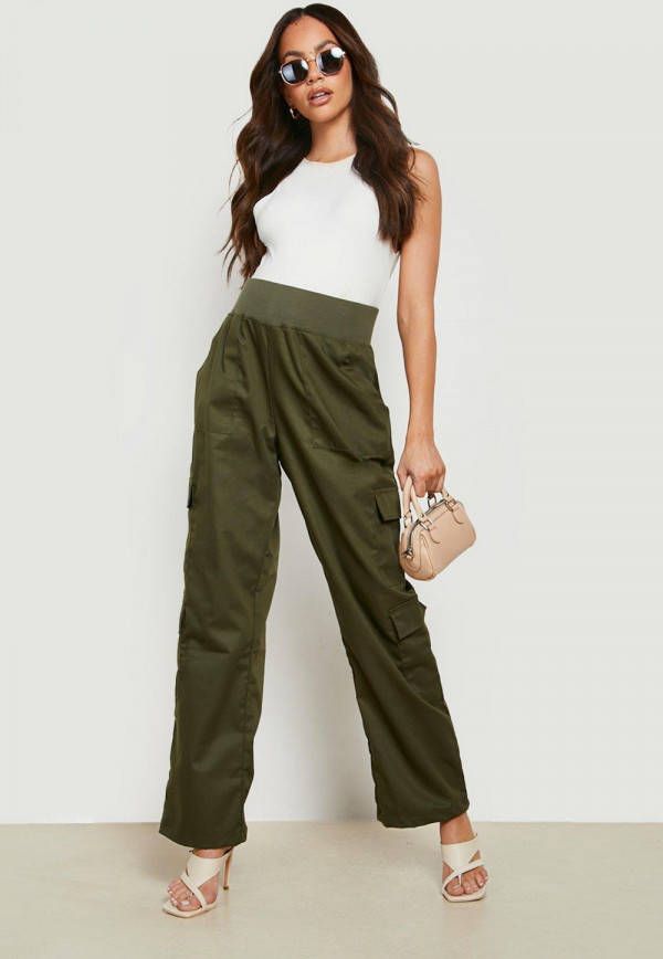boohoo Zwangerschap Elastische Wide Leg Cargo Broek, Khaki