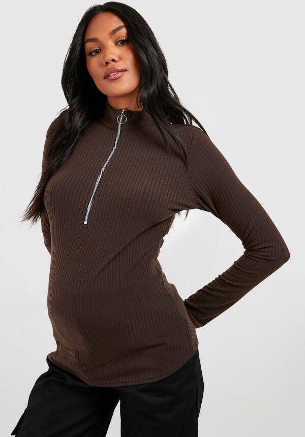 boohoo Zwangerschap Gebreide Geribbelde Top Met Lange Mouwen En Rits, Stone