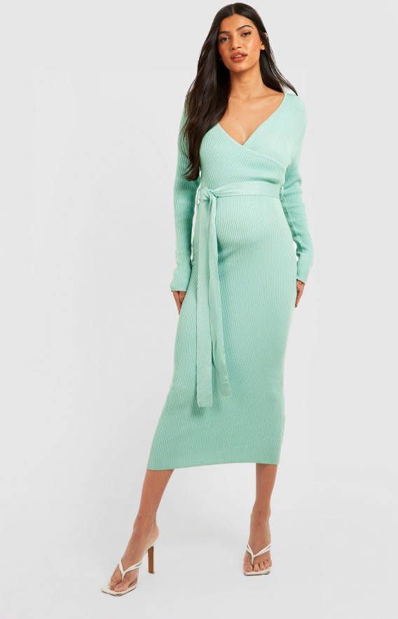 boohoo Zwangerschap Gebreide Midi Wikkel Jurk, Sage