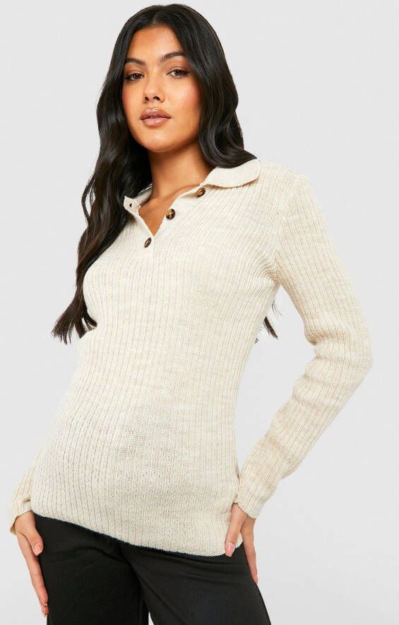 boohoo Zwangerschap Gebreide Top Met Kraag En Knopen, Oatmeal