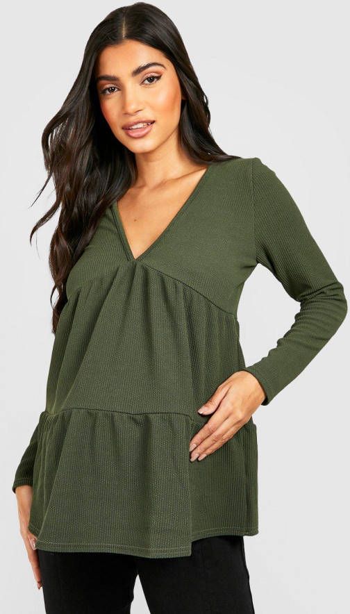 boohoo Zwangerschap Gekreukelde Geribbelde Gesmokte Top Met V Hals, Khaki