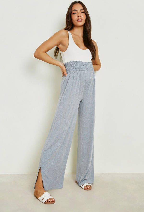 boohoo Zwangerschap Geplooide Wide Leg Broek Met Split, Grey Marl