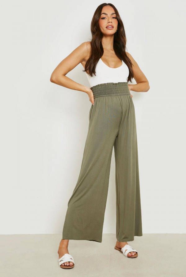 boohoo Zwangerschap Geplooide Wide Leg Broek Met Split, Khaki