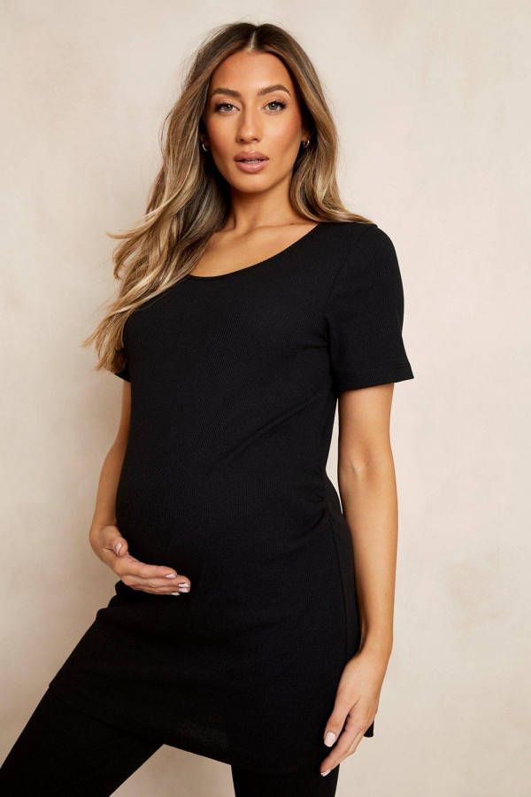 boohoo Zwangerschap Geribbeld Geplooid T Shirt Met Korte Mouwen, Black