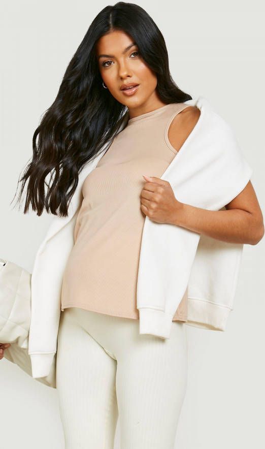 boohoo Zwangerschap Geribbeld Hemd Met Racer Hals, Stone