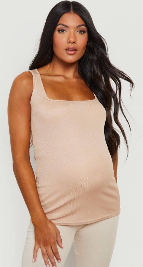 boohoo Zwangerschap Geribbeld Hemd Met Vierkante Hals, Stone