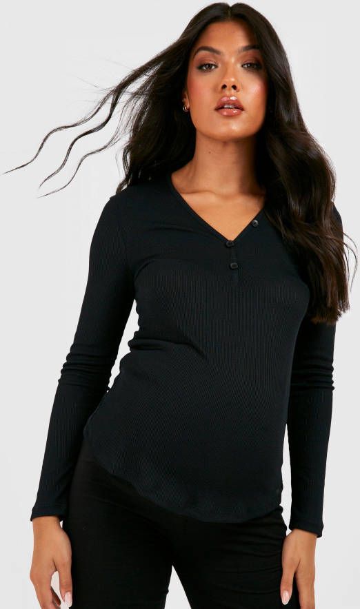 boohoo Zwangerschap Geribbeld T Shirt Met Knopen En Lange Mouwen, Black