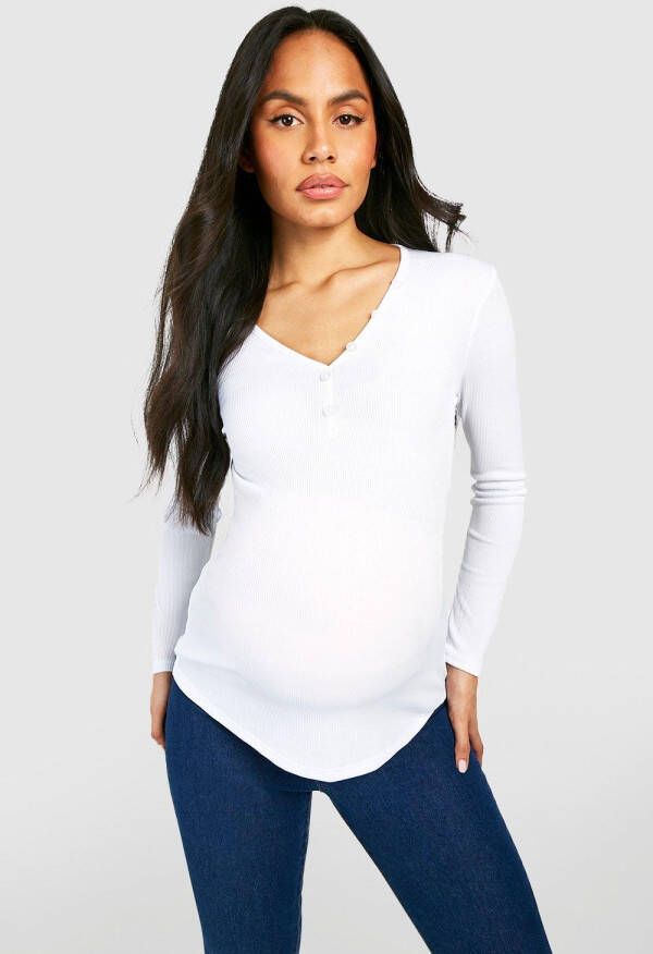 boohoo Zwangerschap Geribbeld T Shirt Met Knopen En Lange Mouwen, Ivory
