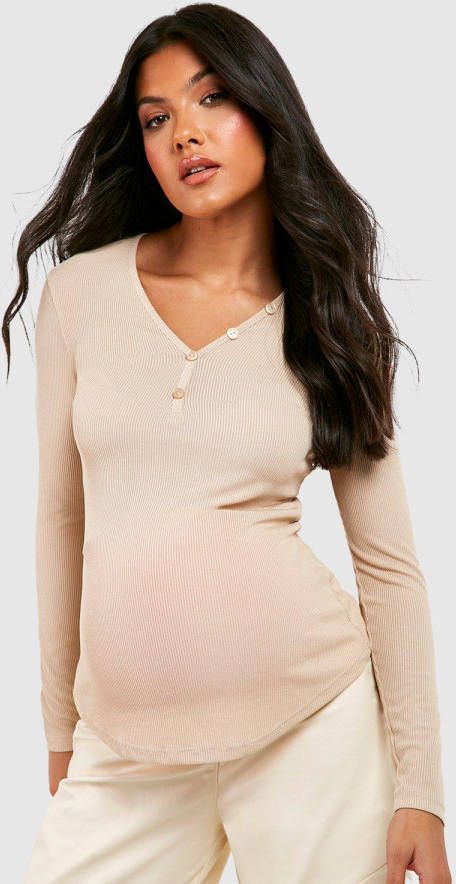 boohoo Zwangerschap Geribbeld T Shirt Met Knopen En Lange Mouwen, Stone