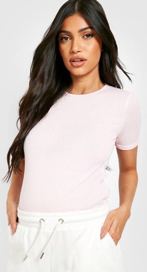 boohoo Zwangerschap Geribbeld T Shirt Met Korte Mouwen, Pink