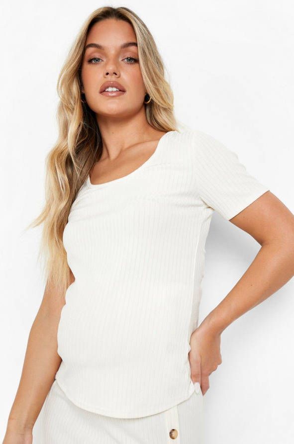 boohoo Zwangerschap Geribbeld T Shirt Met Lage Ronde Hals, Ecru