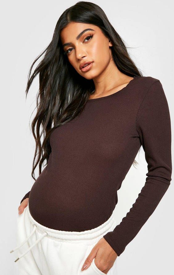 boohoo Zwangerschap Geribbeld T Shirt Met Lange Mouwen, Chocolate