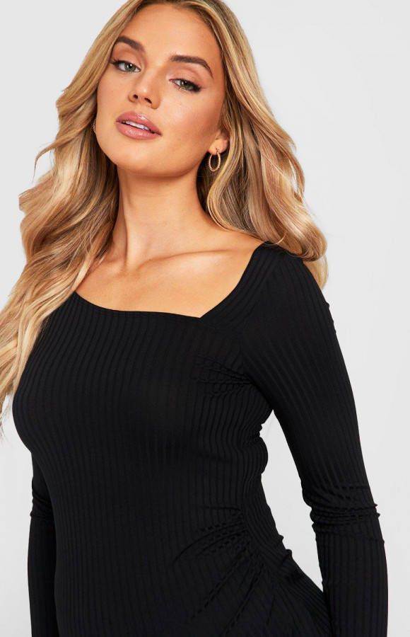 boohoo Zwangerschap Geribbelde Asymmetrische Top Met Lange Mouwen, Black