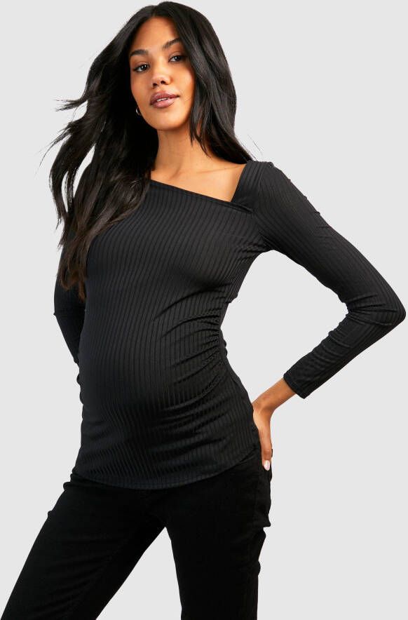 boohoo Zwangerschap Geribbelde Asymmetrische Top Met Lange Mouwen, Black