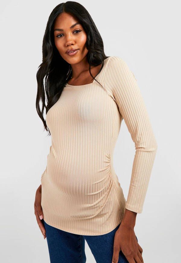 boohoo Zwangerschap Geribbelde Asymmetrische Top Met Lange Mouwen, Stone